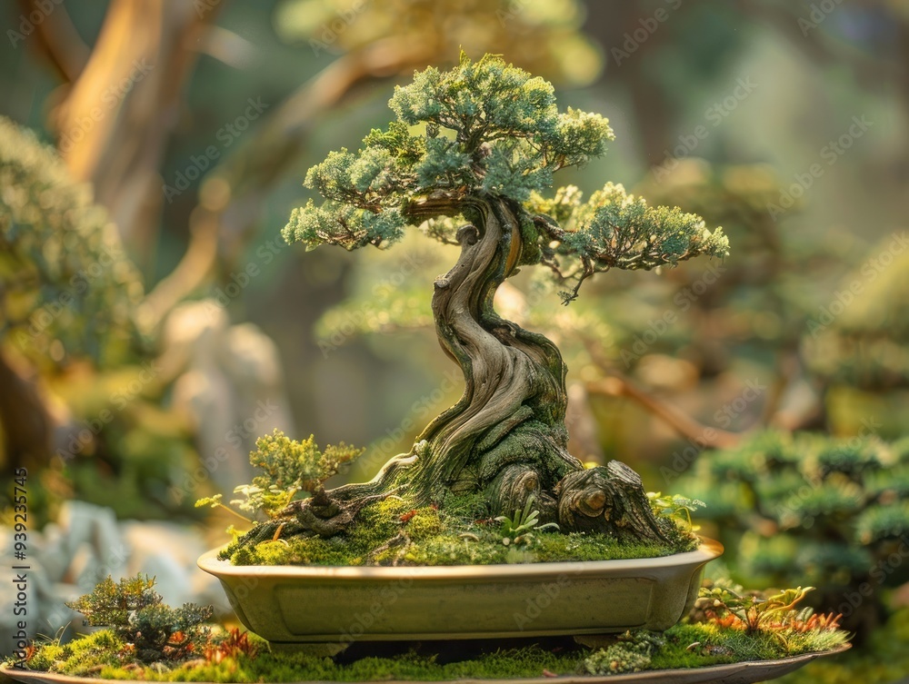Intricate Bonsai Tree on Stone with Blurred Background Intricate Bonsai Tree on Stone with Blurred Background