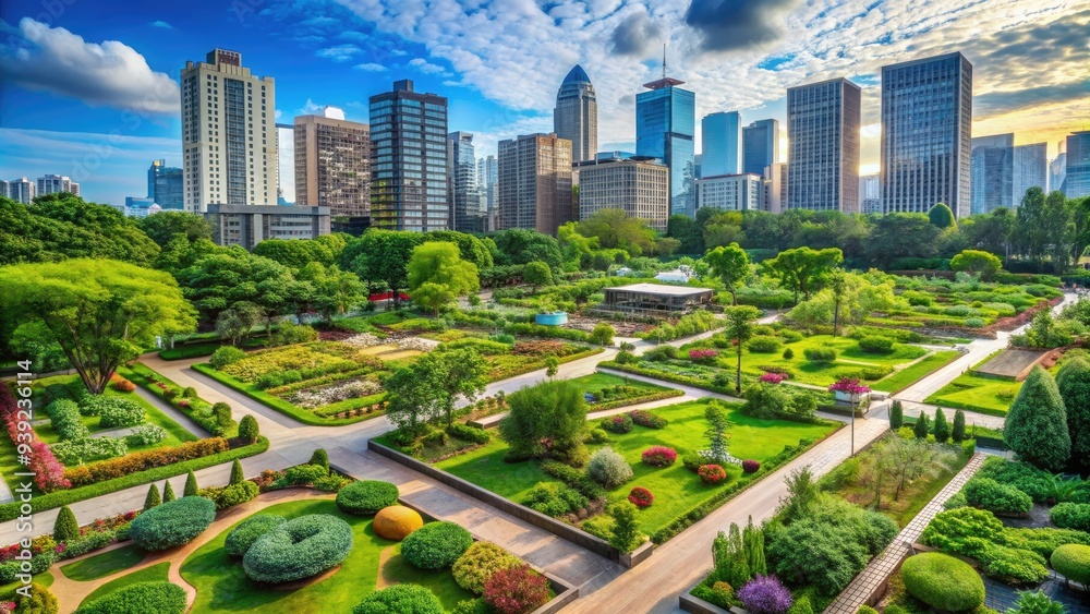 Naklejka premium Vibrant green public garden flourishes amidst urban landscape, showcasing eco-friendly practices and community-driven initiatives for a harmonious and environmentally conscious society.