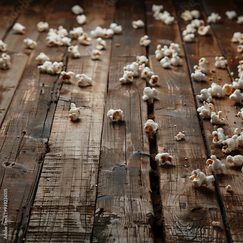 Popcorn scattered artistically on a rustic wooden table, adding a cozy touch to the scene, on a clean, isolated PNG background.