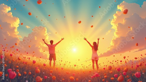 Couple Celebrating Sunset in Field of Flowers. Generative image Ai