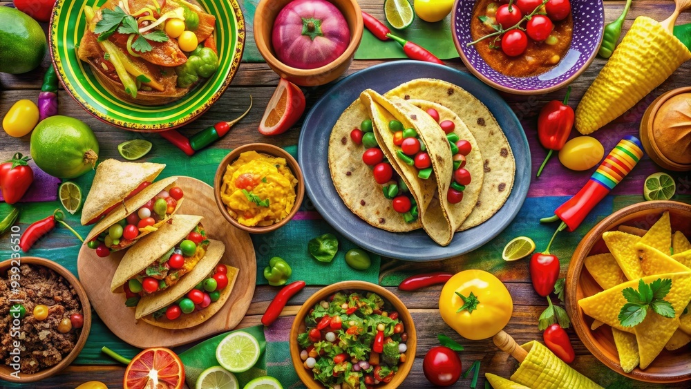 custom made wallpaper toronto digitalVibrant hand-drawn illustration of traditional Mexican dishes, including tacos, burritos, and nachos, surrounded by colorful sombreros, maracas, and piñatas on a festive background.