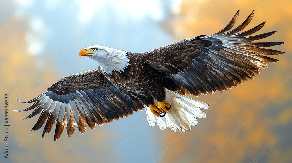 Fototapeta premium A bald eagle is in flight against a soft, blurred background of autumn colors.