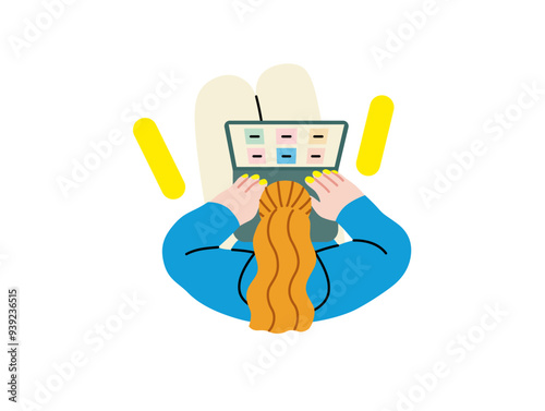 Creative workspace, modern flat vector concept illustration of a woman working sitting with a computer Remote work, flexibility, independence, efficiency, mobility, synergy, freedom