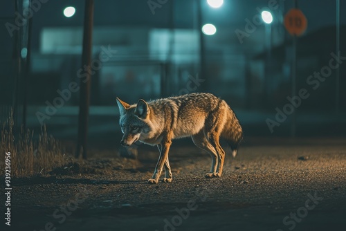 A coyote walks along a city street at night photo