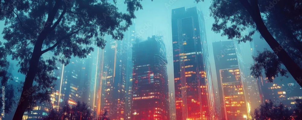 Fototapeta premium A vibrant city skyline illuminated by colorful lights, enveloped in mist and surrounded by lush greenery, creating a modern atmosphere.