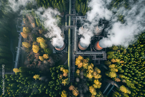 Aerial view of industrial power plant surrounded by a dense forest with visible smoke. Decarbonisation technological solution. Sustainable climate