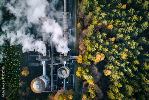 Aerial view of industrial power plant next to lush forest on sunny day with steam rising. Decarbonisation technological solution. Sustainable climate