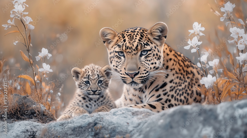 Portrait of the endangered Amur Leopard with the cub in the Wild Iris field Portrait of the endangered Amur Leopard with the cub in the Wild Iris field