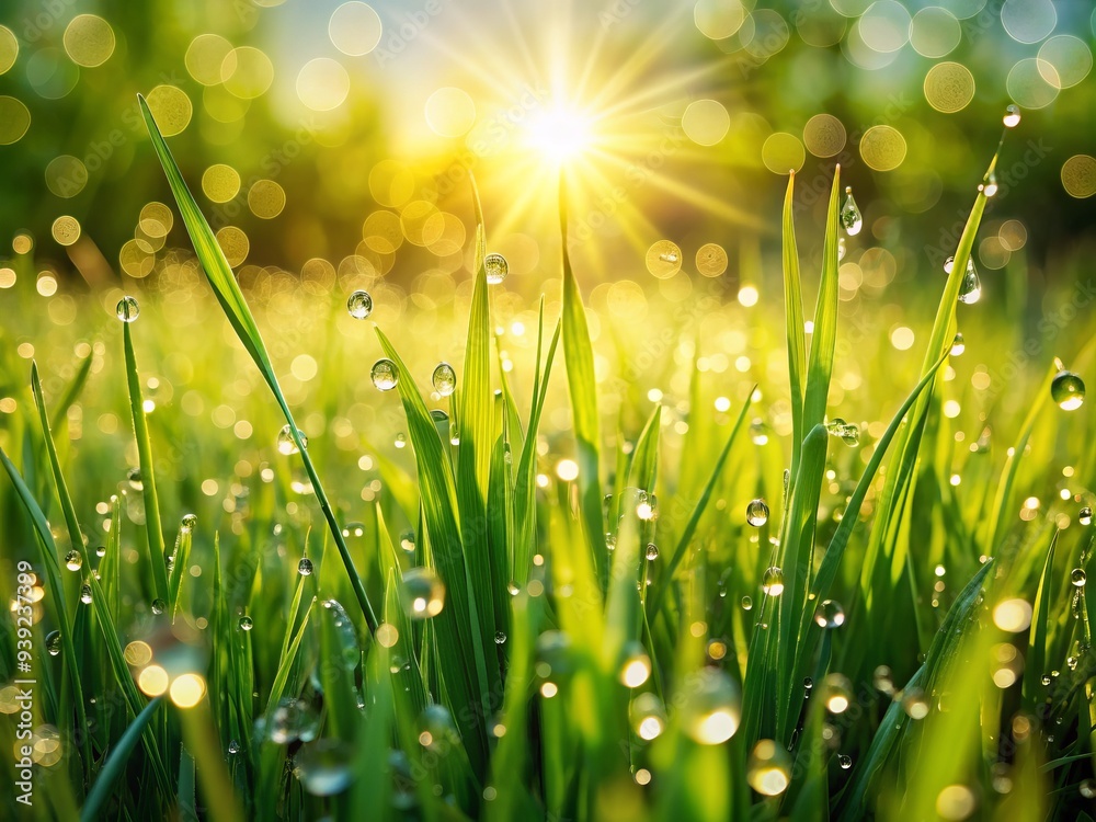 Fototapeta premium Vibrant Lawn Renewal: Verdant green grass, sparkling water droplets, warm sunlight, sense of refreshment