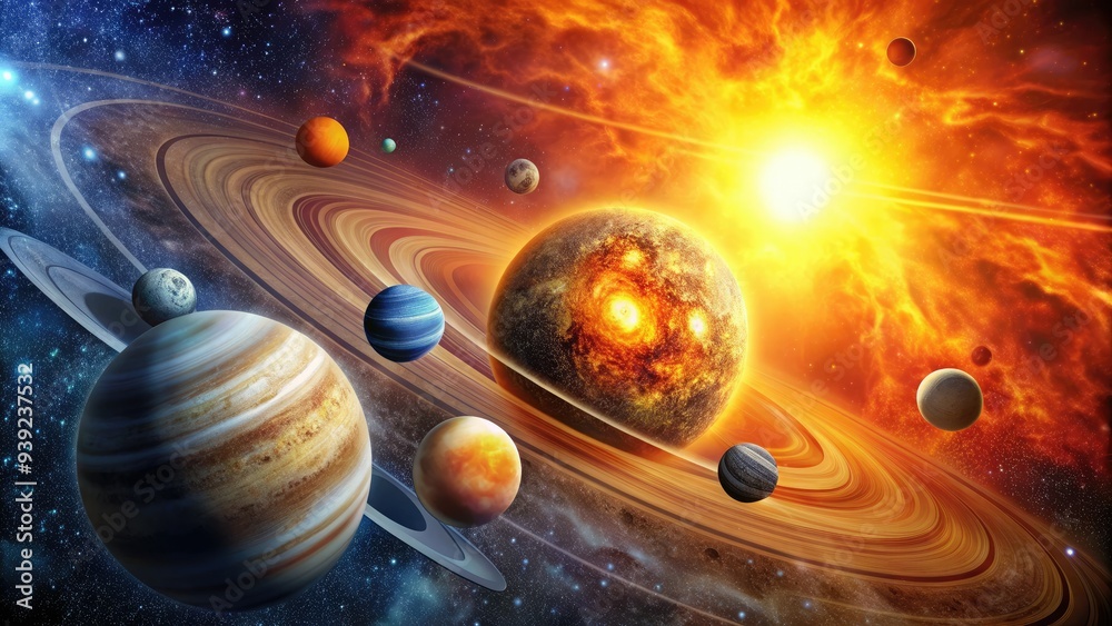 Vibrant illustration of eight planets in our solar system orbiting ...
