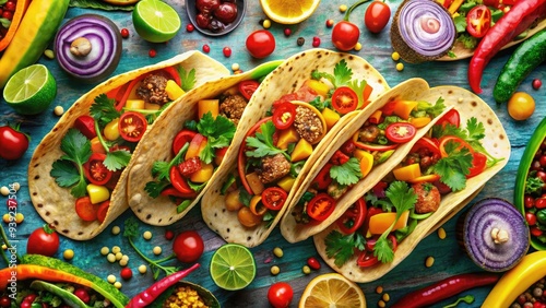 Wallpaper Mural Vibrant illustration of colorful tacos with varying toppings, surrounded by bold lines, playful textures, and whimsical patterns, evoking a lively and appetizing atmosphere. Torontodigital.ca