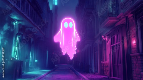A neon pink ghost floating in a dimly lit, narrow urban alleyway with blue and purple ambient lights.