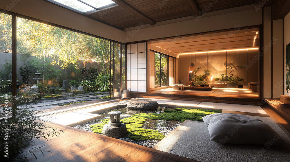 Fototapeta premium Japanese garden, house garden, tsuboniwa, Japanese style, Japanese living room, living, small garden, 