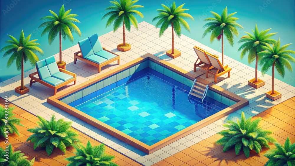 Fototapeta premium Vibrant isometric illustration of a serene swimming pool scene, complete with lounge chairs, palm trees, and a sunny blue sky.
