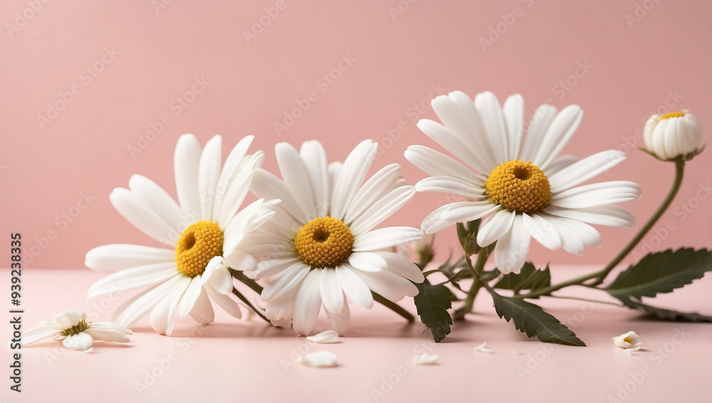 Minimal styled concept with white daisy chamomile flowers Minimal styled concept with white daisy chamomile flowers