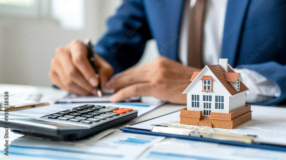 Fototapeta premium Businessman writing, using calculator, counting when investing in real estate. Mortgage, home loan, and rent concept