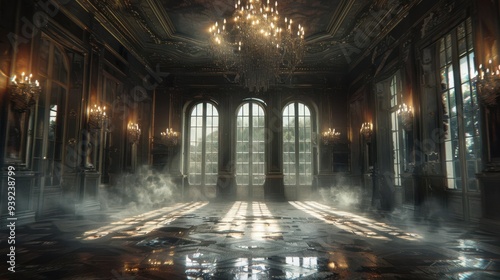 Elegant, abandoned ballroom with grand chandeliers, smoky ambiance and streaming sunlight. Atmospheric and haunting beauty.
