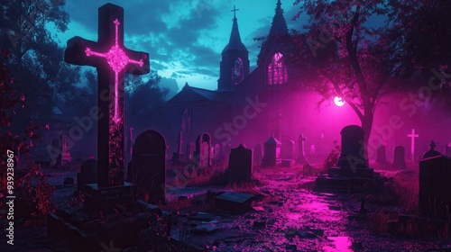 A dark, eerie graveyard illuminated by neon pink lights and a gothic church in the background under a twilight sky. photo