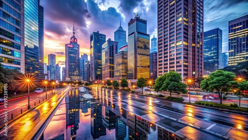 Vibrant metropolitan landscape at dusk with sleek skyscrapers, bustling streets, and neon lights reflecting off wet asphalt, capturing the essence of urban nightlife.