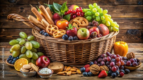 Vibrant mix of fresh fruits, nuts, and snacks, including grapes, berries, apples, crackers, and pretzels, artfully arranged in a wicker basket on a wooden table. photo