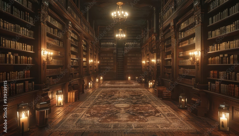 Fototapeta premium A dimly lit, grand library with antique bookshelves, chandeliers, and a vintage Persian rug creating a timeless and scholarly atmosphere.