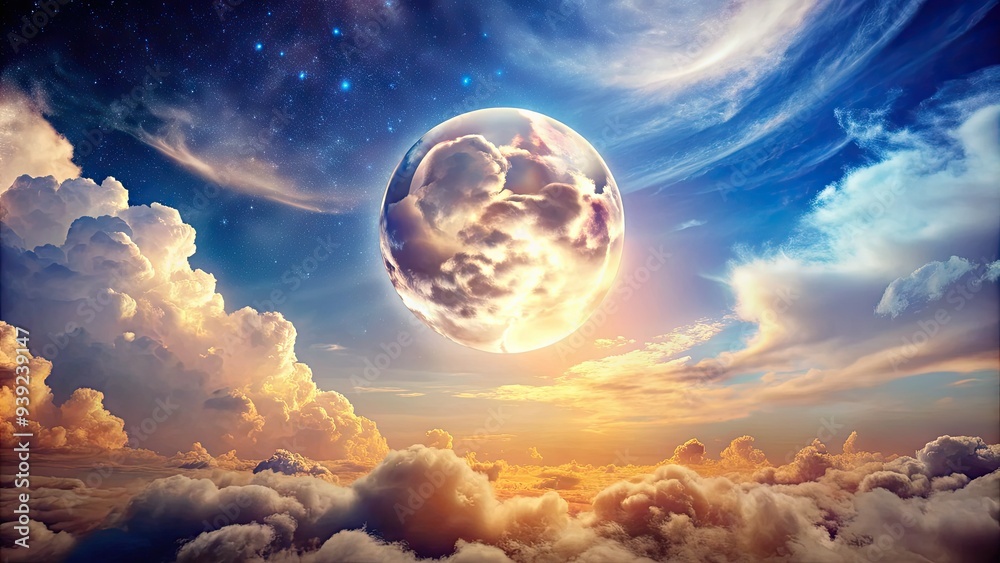 Vibrant moon shines brightly in the daytime sky, surrounded by soft white clouds, casting a gentle glow over the serene landscape below.