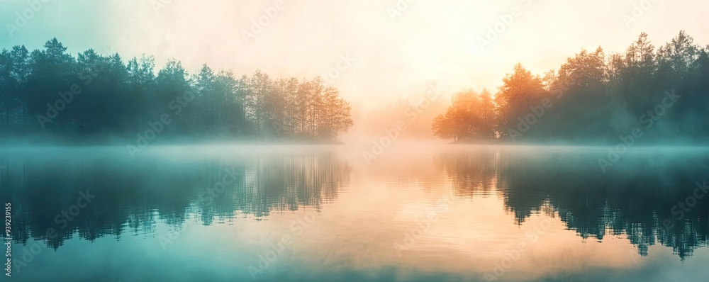 A serene sunrise reflecting over a calm lake, surrounded by misty trees, creating a tranquil and picturesque landscape. A serene sunrise reflecting over a calm lake, surrounded by misty trees, creating a tranquil and picturesque landscape.
