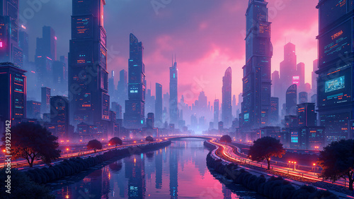 Futuristic Cityscape with Neon Lights. A Sci-Fi urban atmosphere.
