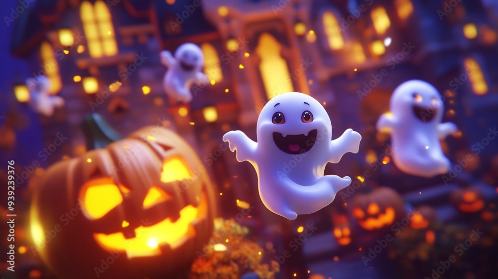 Happy Halloween Ghosts with Jack-o'-Lantern Happy Halloween Ghosts with Jack-o'-Lantern