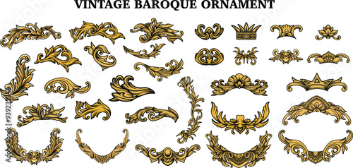 Set luxury gold vintage floral Baroque Flourish elements. Fancy scroll, swirl, border frame filigree engraving ornamental vector design.