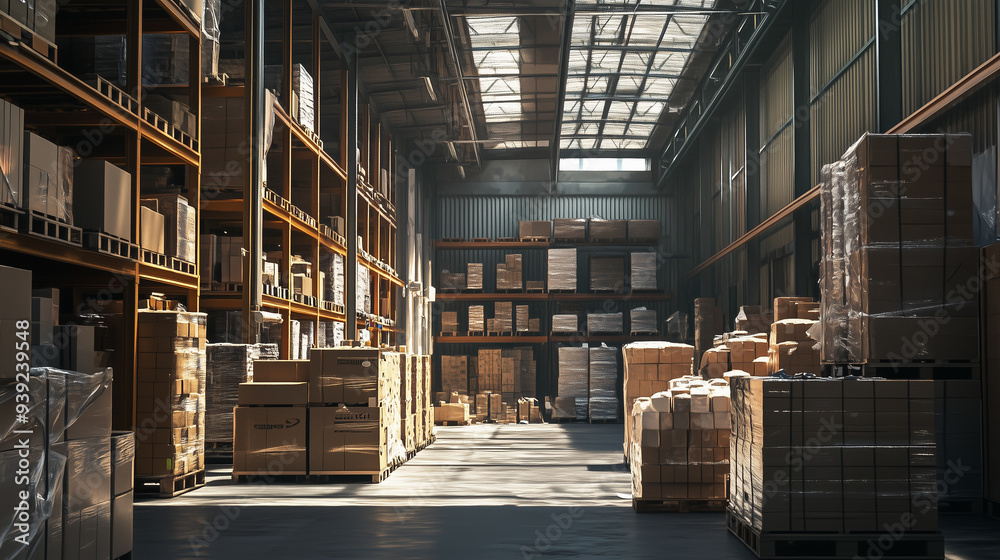 梱包済み段ボールが置かれた倉庫背景