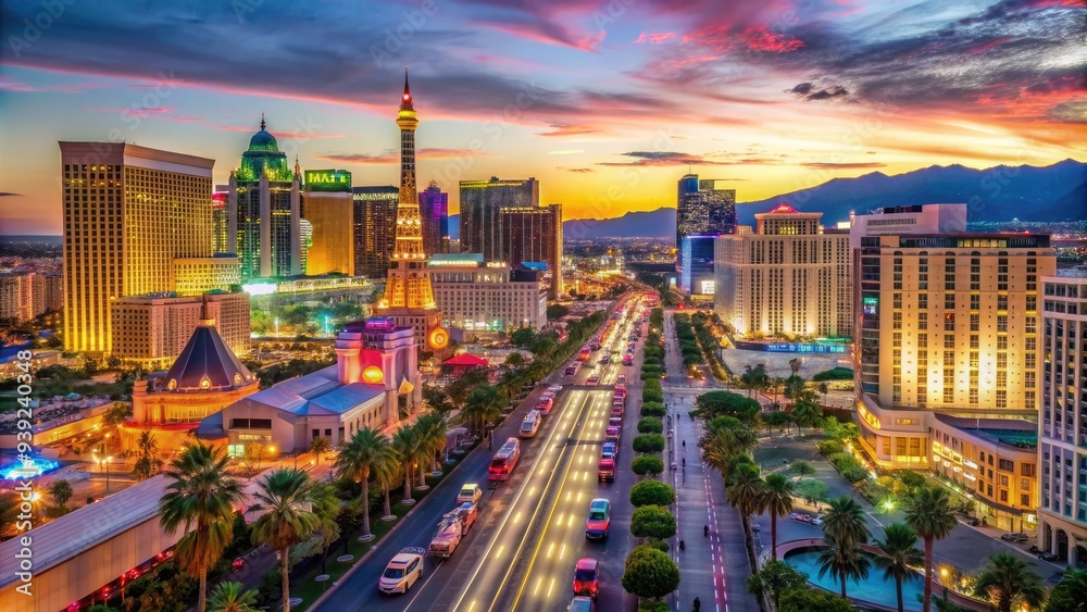 Obraz premium Vibrant neon lights illuminate the bustling Strip at dusk, showcasing iconic casinos, elaborate displays, and lively entertainment options in the city that never sleeps.