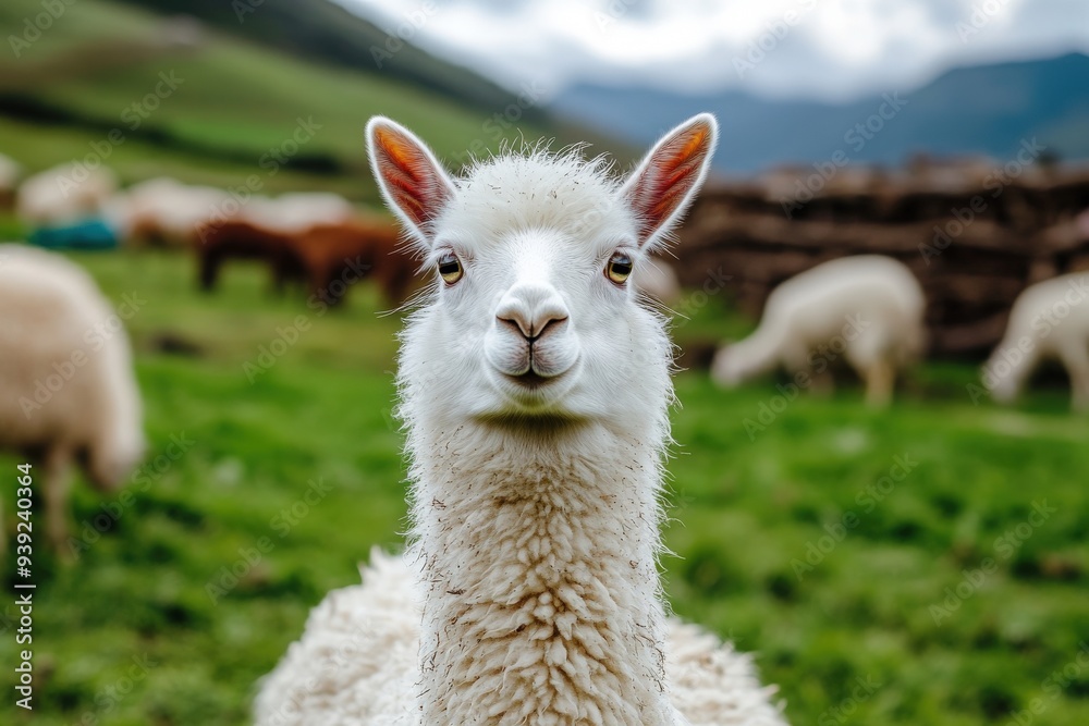 Portrait of a white llama standing in a lush green field with a curious and playful expression, representing charm and innocence in a serene rural setting. Portrait of a white llama standing in a lush green field with a curious and playful expression, representing charm and innocence in a serene rural setting.