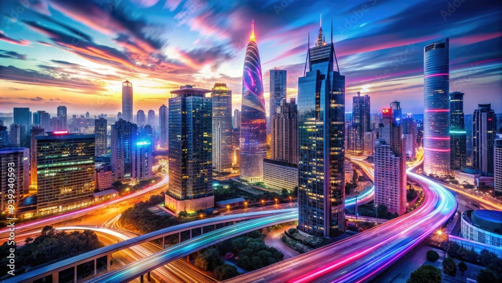 Fototapeta premium Vibrant neon lights swirl around a futuristic cityscape at dusk, with sleek skyscrapers and bustling streets, evoking a sense of electric energy and modernity.