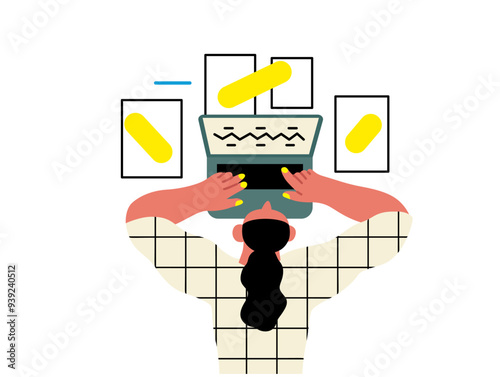 Creative workspace, modern flat vector concept illustration of a woman working laying down with a computer Remote work, flexibility, independence, efficiency, mobility, synergy, freedom