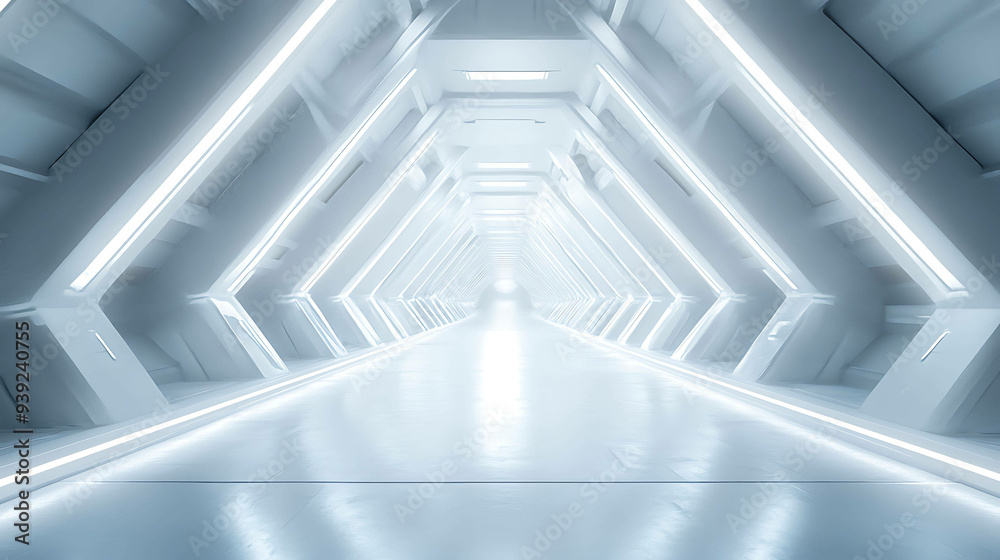 Obraz premium Futuristic white corridor with glowing lights.