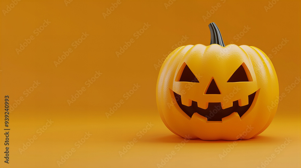A pumpkin with a scary face is on a yellow background. The pumpkin is smiling and has a happy expression, halloween concepts A pumpkin with a scary face is on a yellow background. The pumpkin is smiling and has a happy expression, halloween concepts