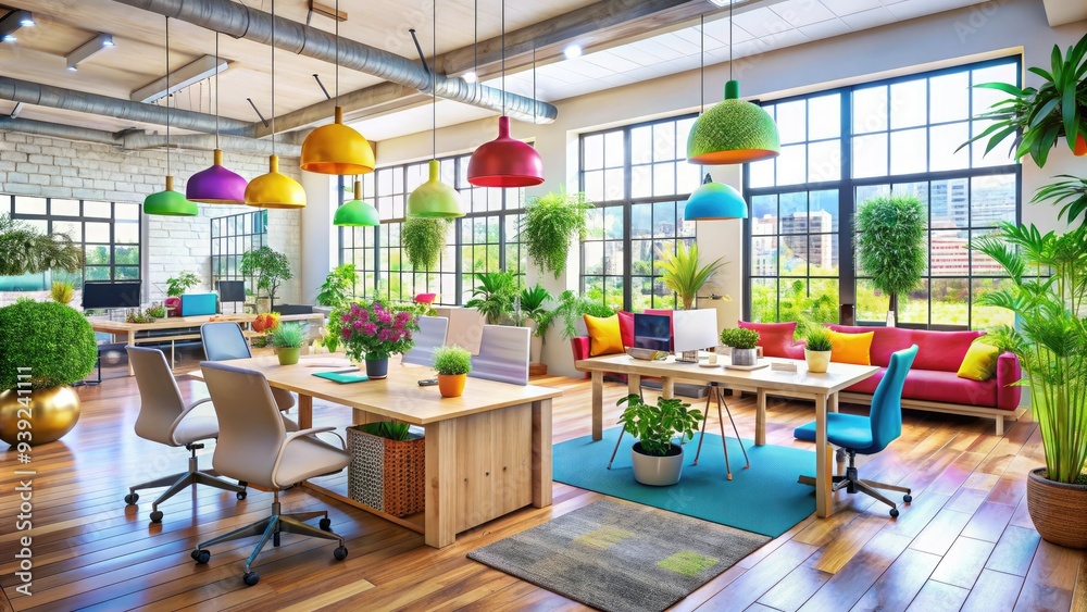 Vibrant office space filled with natural light, colorful decorations, and eclectic furniture, creating a lively atmosphere that fosters creativity and collaboration among team members. Vibrant office space filled with natural light, colorful decorations, and eclectic furniture, creating a lively atmosphere that fosters creativity and collaboration among team members.