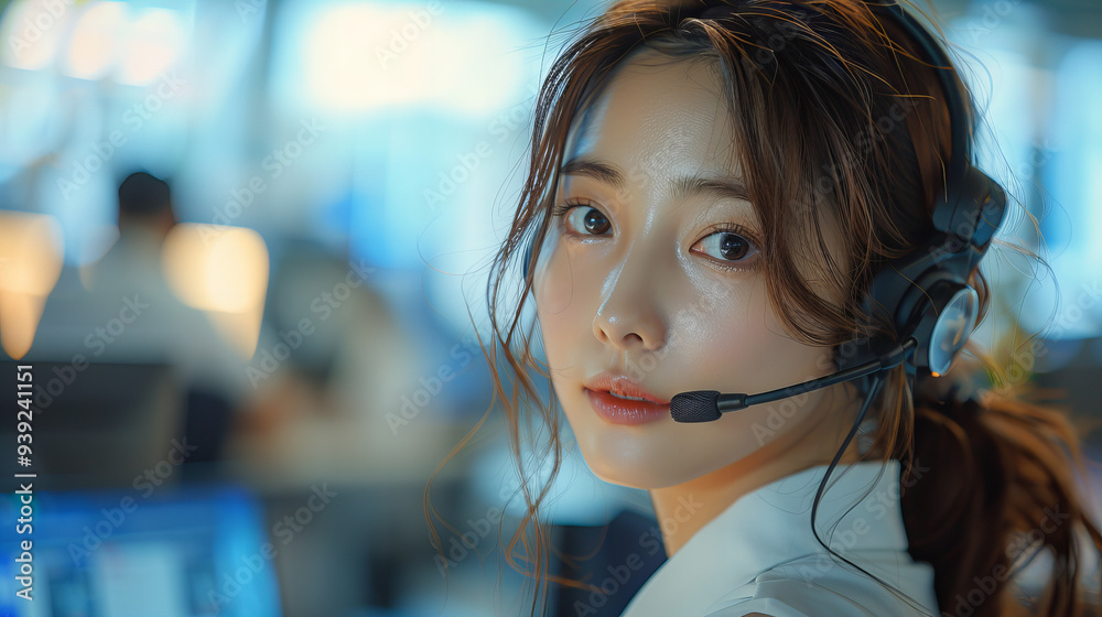 A woman wearing a headset and smiling. She is a customer service representative. The image conveys a positive and friendly atmosphere A woman wearing a headset and smiling. She is a customer service representative. The image conveys a positive and friendly atmosphere