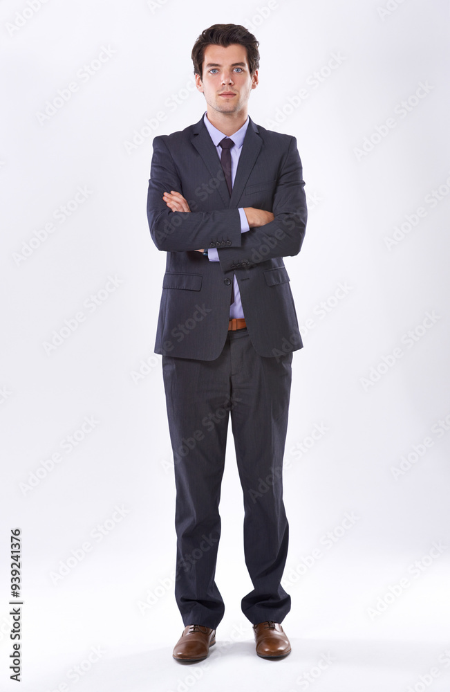 Businessman, confidence and portrait in studio with arms crossed for career pride, corporate law and serious. Lawyer, professional and employee with space for attorney or advisor on white background Businessman, confidence and portrait in studio with arms crossed for career pride, corporate law and serious. Lawyer, professional and employee with space for attorney or advisor on white background