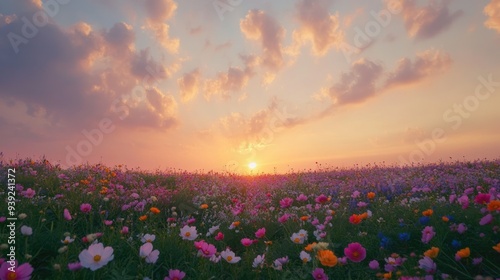 the vastness of the flower garden and the bright clouds in the morning 