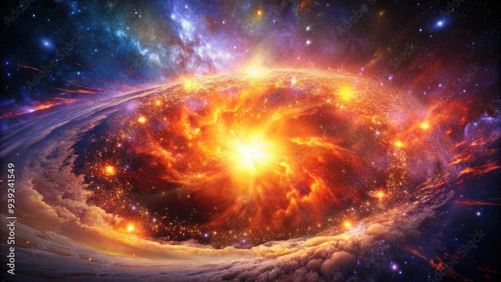 Vibrant orange and purple hues illuminate a starry galaxy, as a massive explosion erupts in the distant background, casting a warm glow on surrounding celestial bodies.
