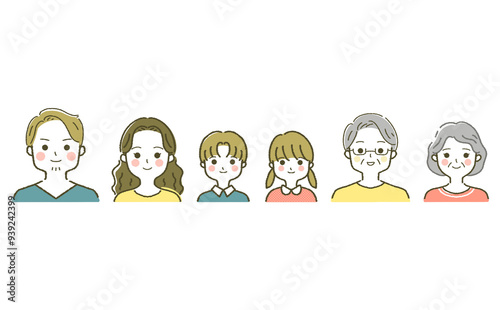家族の顔アイコンセット さまざまな世代の人物の顔