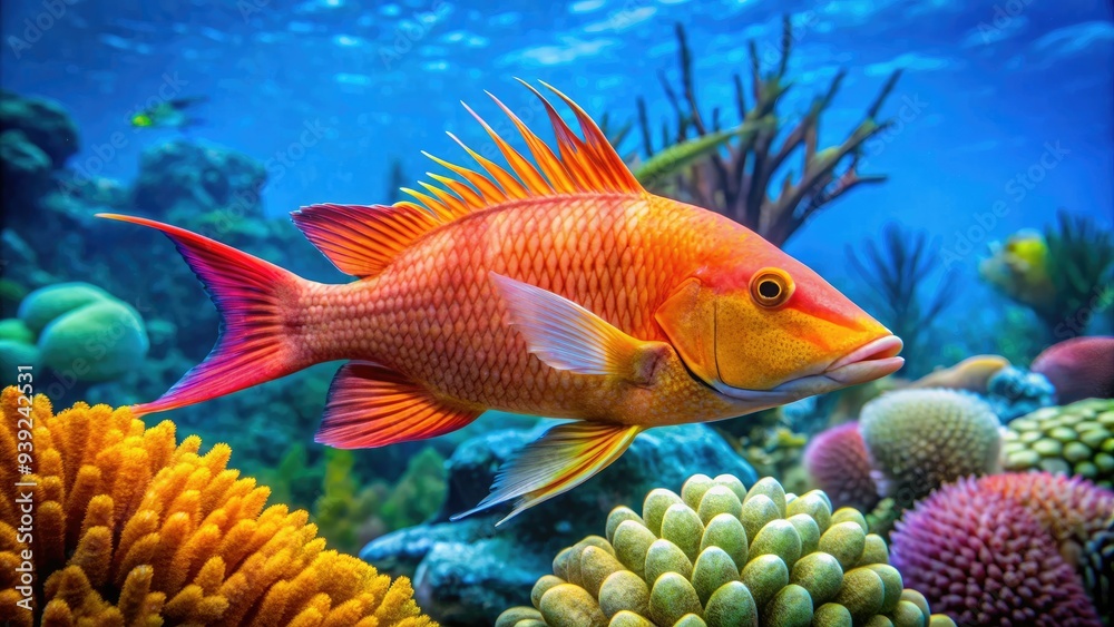Naklejka premium Vibrant orange Maximus hogfish swims amidst coral reef, its spotted body and long snout a striking sight in the turquoise Caribbean Sea waters.