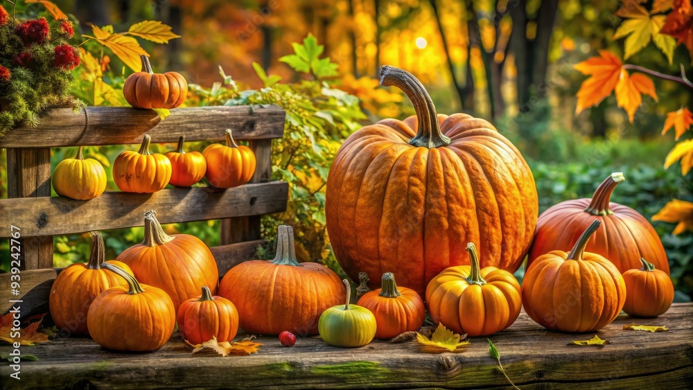 Vibrant orange pumpkins in various sizes and shapes adorn a rustic wooden fence, surrounded by lush green foliage and autumn leaves, evoking a cozy seasonal atmosphere. Vibrant orange pumpkins in various sizes and shapes adorn a rustic wooden fence, surrounded by lush green foliage and autumn leaves, evoking a cozy seasonal atmosphere.