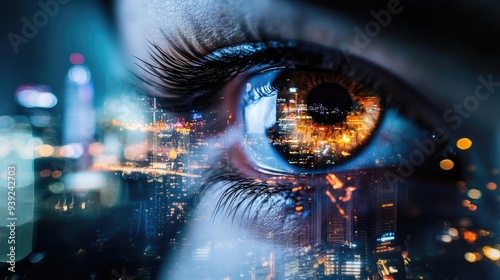 A captivating close-up of a human eye reflecting a vibrant city skyline at night, showcasing urban life and depth of vision.