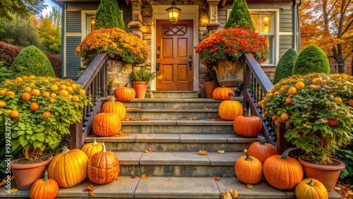 Vibrant orange pumpkins and lush greenery adorn the welcoming front steps of a cozy autumnal home, surrounded by rustic wooden railings and warm golden lighting. photo