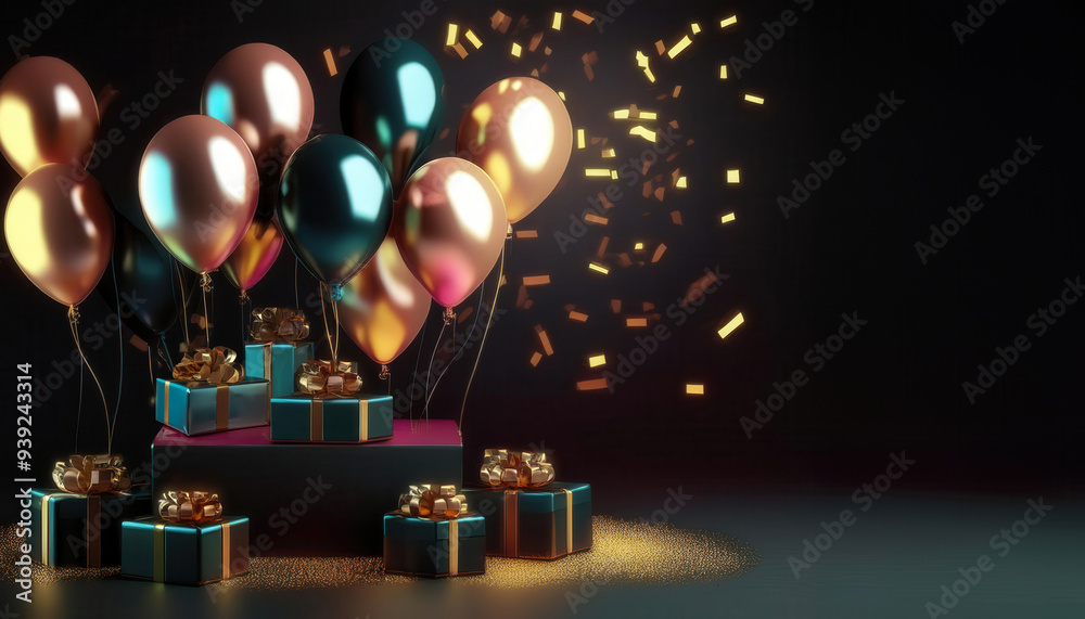 A festive display of colorful balloons, gifts, and confetti on a dark background. A perfect celebration backdrop. A festive display of colorful balloons, gifts, and confetti on a dark background. A perfect celebration backdrop.