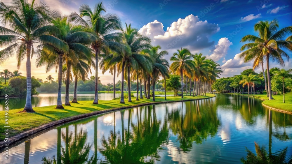 Vibrant palm trees sway above a serene lake surrounded by lush greenery and walking trails in a tranquil Miami Gardens scenic oasis. Vibrant palm trees sway above a serene lake surrounded by lush greenery and walking trails in a tranquil Miami Gardens scenic oasis.