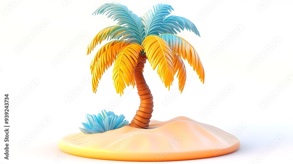 Fototapeta premium Tropical Palm Tree on Sandy Beach - 3D Summer Illustration
